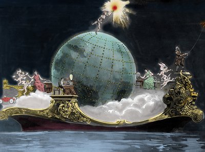 Allegori om videnskabens og teknologiens fremskridt relateret til elektricitet: rundt om på kloden er repræsenteret den italienske fysiker Guglielmo Marconi (1874-1937), opfinderen af telegrafen, en kvinde på en trådløs telegrafistation og til venstre Benj af Unknown artist