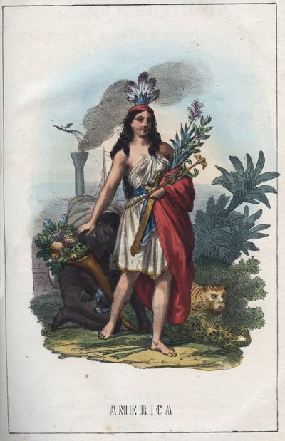 Allegory of America, frontispice af "" Brug og skikke for alle folk i universet. Det vil sige historien om regeringen, lovene, militsen, om alle nationers religion fra de fjerneste tider til i dag "1856 af Unknown artist