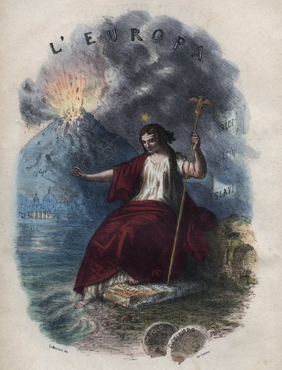 Allegori af Europa - gravering fra "" Skikke og skikke for alle folk i universet. Det vil sige historien om regeringen, lovene, militsen, om alle nationers religion fra de fjerneste tider til i dag "1856 af Unknown artist