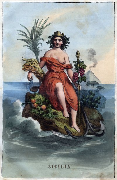 Allegori af Sicilien - gravering fra "" Skikke og traditioner for alle folk i universet. Det vil sige historien om regeringen, lovene, militsen, om alle nationers religion fra de fjerneste tider til i dag "1856 af Unknown artist