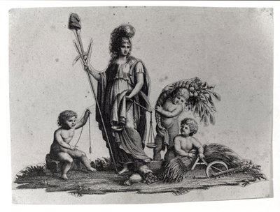 Allegori af den cisalpine republik (Cisalpina) skabt af Napoleon Bonaparte den 27/06/1797 efter fransk model i Italien, som blev til den italienske republik i 1802. Den franske republiks symboler er repræsenteret. Gravering Museo del risorgimento, Milano. af Unknown artist