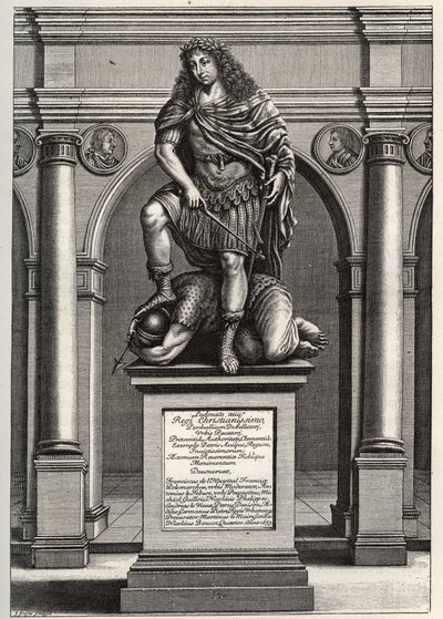 Allegori, der repræsenterer kong Ludvig XIV (1638-1715), der knuser sine fjender. Stik af J. Frosne fra 1653. Privat samling. af Unknown artist