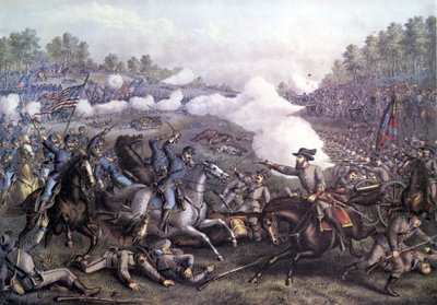 Amerikansk borgerkrig (1861 - 1865): Slaget ved Opequon eller Tredje Slaget ved Winchester, Virginia 19. september 1864. Indgravering af det 19. århundrede. af Unknown artist