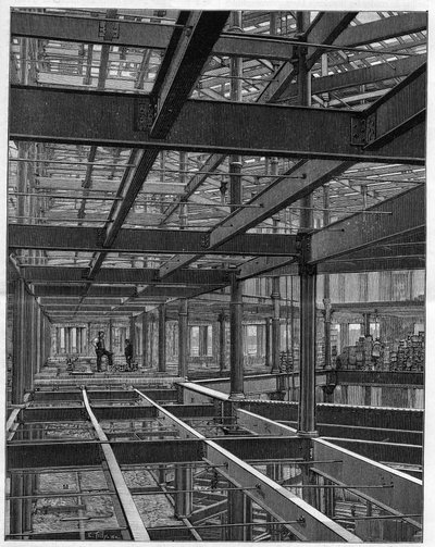 Amerikanske jernrammekonstruktioner - rammen af Palace Hotel i Denver Colorado - indgravering i "Nature" fra 1892. af Unknown artist