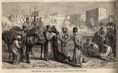 En revisor fra Khan, modtager levering af hovederne af fjender og gidsler, kvinder og børn bundet til halen af heste. Tegning af Emile Bayard (1837-1891), for at illustrere rejsen til Centralasien, i 1863, af Arminius Vambery (ungarsk videnskabsmand) af Unknown artist
