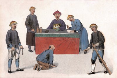 En anklaget for en dommer blev bistået af en kontorist, en sekretær og vagter. i "The Punishment of the Chinese", London af Unknown artist