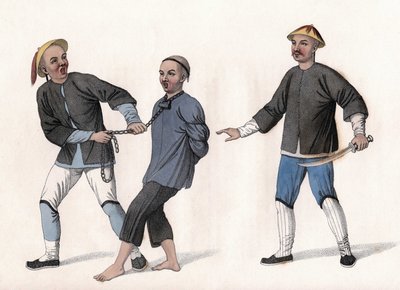 En anklaget føres i fængsel, bundet med en kæde om halsen. Indgravering i "The Punishments of the Chinese", London af Unknown artist