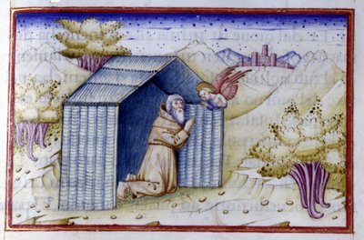 En engel besøger en eremit. 15. århundredes manuskript. Bibl. Nazionale Braidense. af Unknown artist