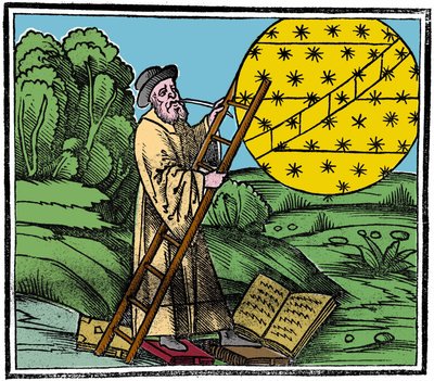 En astronom sætter en stige for at klatre op i himlen. af Unknown artist