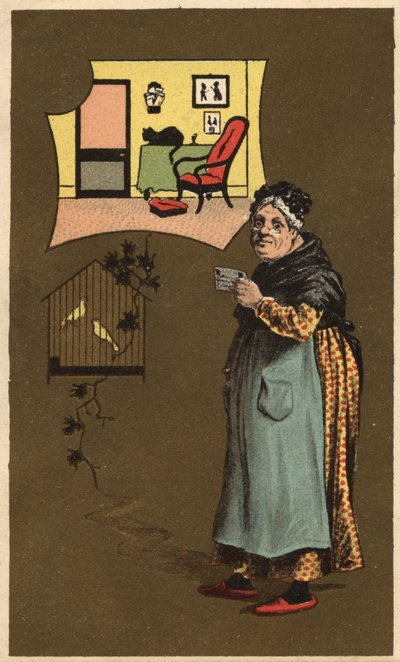 En gammel kvinde holder en kop nær et bur med fugle. Anonym kromolitografi, slutningen af det 19. århundrede. af Unknown artist