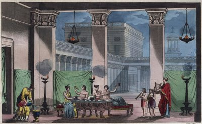 Det antikke Grækenland - Triclinium - indgravering fra "" Skikke og traditioner for alle folk i universet. Det vil sige historien om regeringen, lovene, militsen, om alle nationers religion fra de fjerneste tider til i dag "1856 af Unknown artist