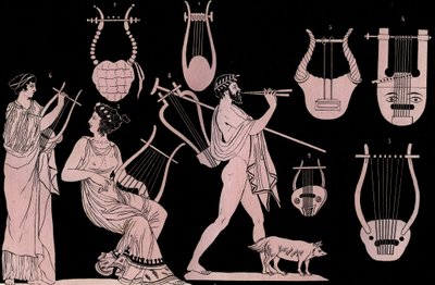 Gammelt græsk musikinstrument: Lyre og Cithara (cithare) (kithara) - indgravering fra "" Skikke og traditioner for alle folk i universet. Det er historien om regeringen, lovene, militsen, om religionen i alle nationer fra de fjerneste tider op til af Unknown artist