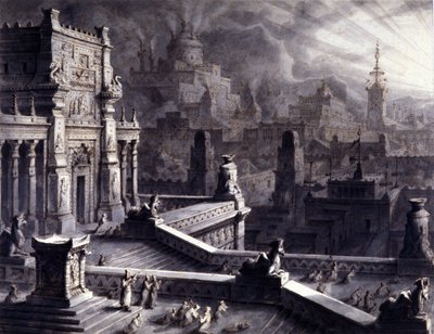 Oldtidsbyen Persepolis i det persiske Achaemenidiske Rige, grundlagt af Darios I i det 6. århundrede f.Kr. Det blev ransaget og brændt af Alexander den Store i 331 f.Kr. 1800-tallet Ill. af Unknown artist