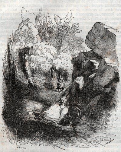 Angelique (Angelica) flygter fra den gamle eremit - indgravering af 1851 fra "" Furious Roland"" (Orlando furioso) (1500-tallet) af Ludovico Ariosto, kendt som Ariosta - Udgave oversat fra italiensk af greven af Tressan og udgivet af Gustave Harvard 1 af Unknown artist