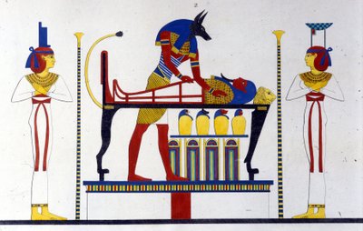 Anubis og en mumie - i "" Monumenter i Egypten og Øvre Nubien"" af Ippolito Rosellini (Rossellini). af Unknown artist