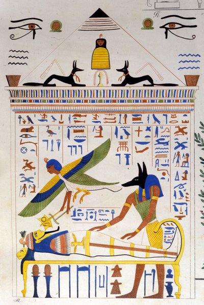 Anubis tager sig af mumien, mens den afdødes sjæl flyver til transmigration - i "" Monumenter af Egypten og Øvre Nubien"" af Ippolito Rosellini (Rossellini). af Unknown artist