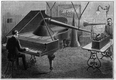 Apparat til at indspille et klaverstykke af fonografen, en opfindelse af Thomas Alva Edison (1847-1931). Indgravering i "" La Nature. Revue des sciences et de ses applications aux arts et a l