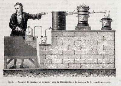 Apparat af Antoine Laurent de Lavoisier og Meusnier til nedbrydning af vand med jern opvarmet til rødt - i "" Les wonders de l