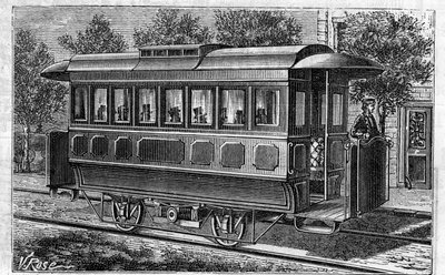 Anvendelse af Faure-batterier: Elektrisk sporvogn, model af firmaet Omnibus, drevet af batterier. Gravering i "" Le Monde Illustré"" af Unknown artist