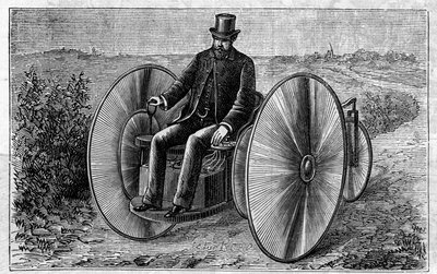 Anvendelse af Faure-batterier: elektrisk trehjulet cykel bevæger sig gennem akkumulatoren. Gravering i "" Le Monde Illustré"" af Unknown artist