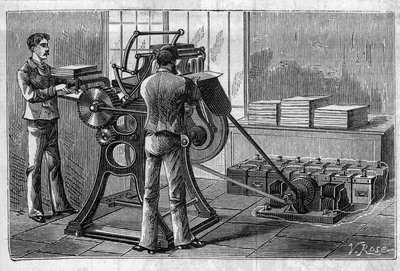 Anvendelse af Faure-batterier: printer drevet af akkumulatoren. Gravering i "" Le Monde Illustré"" af Unknown artist