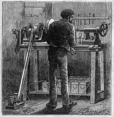 Anvendelse af Faure-batterier: vending af en håndværker drevet af akkumulatoren. Gravering i "" Le Monde Illustré"" af Unknown artist