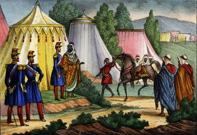 Arabisk leder tilbyder en hest til en officer fra den franske hær i Afrika, Algeriet af Unknown artist