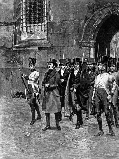 Arrestation af carbonari (medlemmer af Charbonnerie eller Carboneria) fra Veneto Lombardiet. Illustration af Matania. Indgravering af det 19. århundrede. af Unknown artist