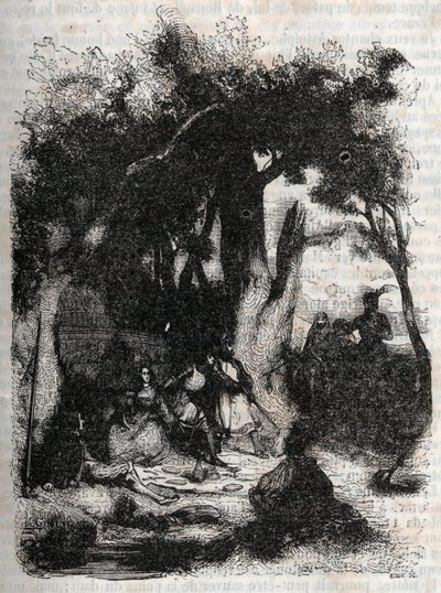 Ankomst af Rodomont og Mandricard til Merlin-fontænen - Indgravering af 1851 fra "" Roland Furieux"" (Orlando den Rasende) (1500-tallet) af Ludovico Ariosto, kendt som Ariosta - Udgave oversat fra italiensk af greven af ​​Tressan og udgivet ved af Unknown artist