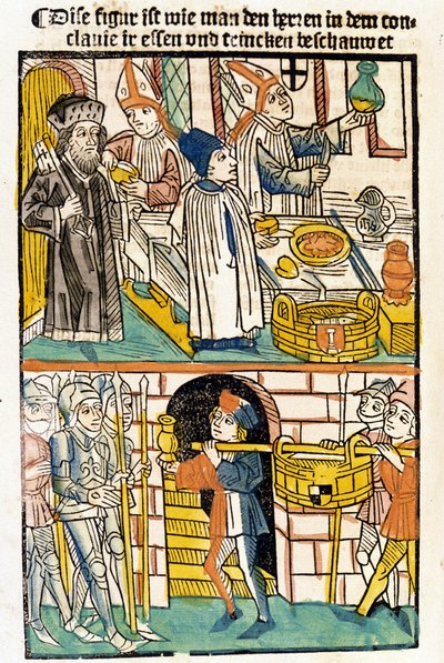 Ankomst af mad, så medlemmerne af Konciliet i Konstanz (1417), hvor pave Martin V blev valgt, kunne spise. "Das Concilium" af Unknown artist