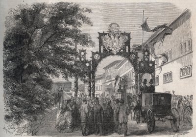 Ankomst af imponen Elisabeth af Østrig (Sissi) (Elisabeth af Østrig) i Bad Kissingen (Spa) i 1865 - indgravering i "Den illustere verden" fra 1865 af Unknown artist