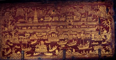 Portugisernes ankomst til Nanjing (Nanjing eller Namquin), Kina. Æskedæksel beklædt med rød og guld maling. 17. århundrede. Porto, Nationalmuseet af Unknown artist
