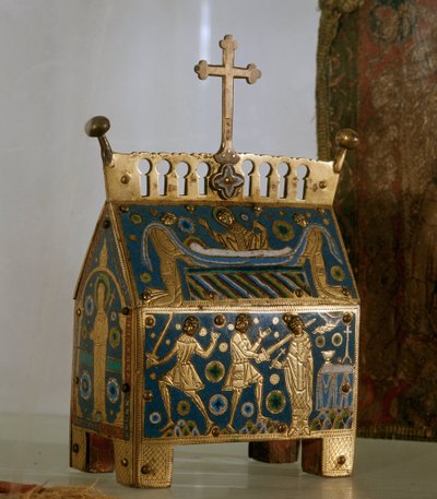 Kunstværk: relikvieskrin i e-mail, guld og kobber af Saint Thomas Becket (1118-1170), ærkebiskop af Canterbury - Det er dekoreret af repræsentationer af mordet på ærkebiskoppen den 29/12/1170 i Cantorbery Cathedral og hans begravelse (emalje, gyldent) og c af Unknown artist