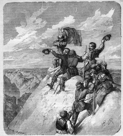 Ascension of the Illimani (6.439 m) (Nevado Illimani, toppen af Paris) af Charles Wiener (1851-1913) fransk opdagelsesrejsende og diplomat og hans ledsagere - indgravering i "" journal des voyages""" 1887 af Unknown artist
