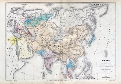 Asien på tidspunktet for den største udstrækning af mongolsk dominans under Qubilai (Kubilai Khan) (1260-1294) - Kort udarbejdet af M J-H Schnitzler, Historisk og malerisk atlas 1857 af Unknown artist