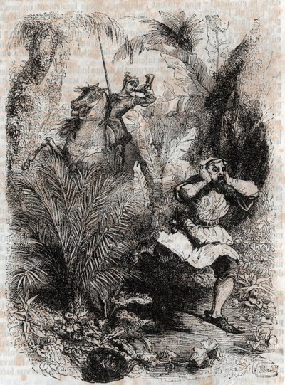 Astolphe får Caligorant til at flygte - 1851 gravering fra "" Furious Roland"" (Orlando furioso) (1500-tallet) af Ludovico Ariosto, kendt som Ariosto - Udgave oversat fra italiensk af greven af Tressan og udgivet af Gustave Harvard 1851 af Unknown artist