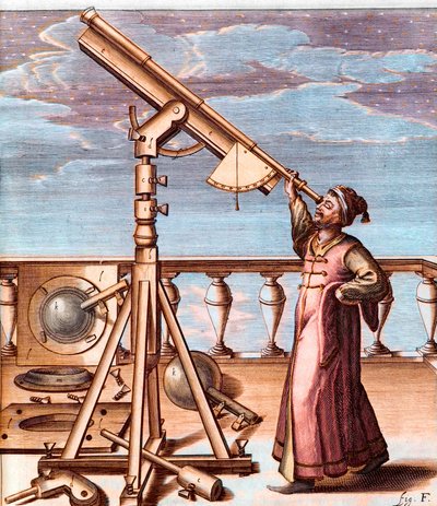 Astronom observerer himlen med et teleskop - fra: Johannes Hevelius (1611-1687), Selenographia, sive Lunae descriptio (Selenography, or A Description of the Moon) af Unknown artist