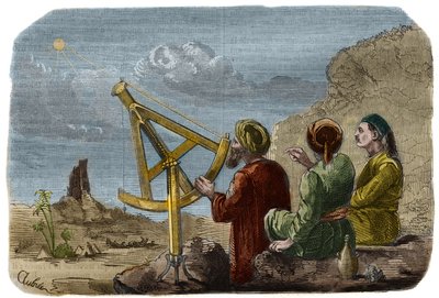 Astronomi: Arabiske videnskabsmænd hæver solens højde i Babylons sletten omkring 825. De bruger en kvart cirkel med nåler. Indgravering fra 1857 i "" Le Musee Des Sciences"" af Unknown artist