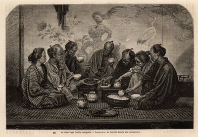 Ved en borgerlig families middag samles mænd på en tatami, omkring små sofaborde, spiser ris i en individuel skål og serverer kød og grøntsager i en fælles ret, mens de drikker te, serverer to kvinder servicen. Indgravering til illustration af rejsen til J af Unknown artist
