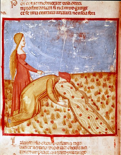 Ved indgangen til Paradiset møder Dante Mathelda og drikker vand fra Eunoe-floden, hvilket gør mindet om gode ting gennemført. Oplyst side, der illustrerer en sang fra Paradiset fra "Divina Commedia" af Dante Alighieri (1265-1321). 14. årh af Unknown artist