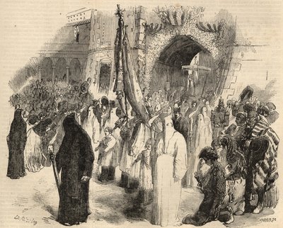 Forsoningsoptog for ophør af gul feber i Lissabon, Portugal i 1857. Indgravering i "Le Monde illustrious"" fra 1857. Privat samling. af Unknown artist