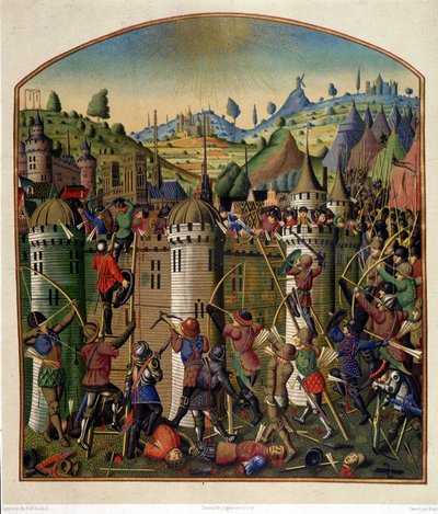 Angreb på Philippe Augustes slot med udsigt over Paris og Montfaucon-galgen under 100-års krigen, midten af det 15. århundrede. af Unknown artist