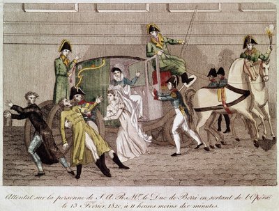 Angreb på hertugen af Berry af Louis Pierre Louvel, da han forlod operaen den 13. februar 1820. Gravering 1800-tallet. af Unknown artist
