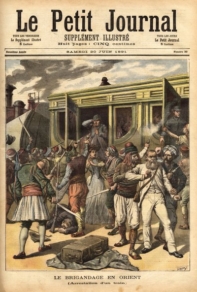 Ved at angribe et tog af røvere i nærheden af Cherkessklui, efter at have organiseret afsporingen af konvojen, fanger Athanos og hans røvere passagererne for at bytte dem til et nag. Indgravering i "" Le petit journal"" 20/06/1891. Selvas samling. af Unknown artist