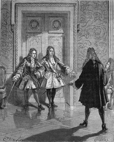 August 1718: Saint Simon (Saint-Simon) (Louis de Rouvroy, hertug af) (1675-1755) blokerer passagen til hertugen af Maine (Louis Auguste (Louis-Auguste) af Bourbon) (1670-1736). Indgravering af det 19. århundrede. I "Histoire de France" af Jules Michelet af Unknown artist