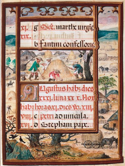 August. Bønder på arbejde. Side af manuskriptet "" Timebog" af Manuel I af Portugal (1469-1521) 1517. Lissabon, Museo di Arte Antica af Unknown artist
