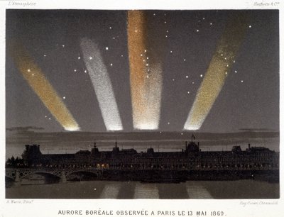 Aurora Borealis observeret i Paris den 13/05/1869 - i "" Magnetism and Electricity"" af Amédée Guillemin af Unknown artist