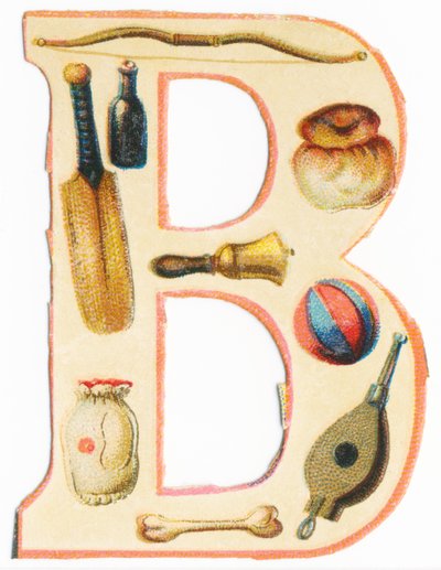 B: bue, bat af baseball, flaske, brioche, klokke, ballon, knogle, taske, bælge (farve litho) af Unknown artist