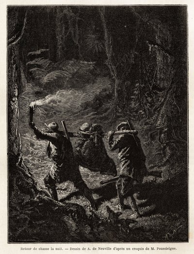 Tilbage fra jagt om natten bliver byttet, en bjørn, bundet og suspenderet fra en gren, som jægerne bærer på skulderen. Gravering til illustration af historien Quatre mois en Florida, af M. Pousselgue, i 1851-1852, udgivet i "" le tour du monde", under af Unknown artist