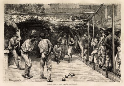 Boldspillere i Rom (Italien). Gravering til illustration af rejsen til Rom, af Francis Wey, i 1864-1868, offentliggjort i "Le tour du monde, nouveau journal des voyages", under ledelse af Edouard Charton af Unknown artist